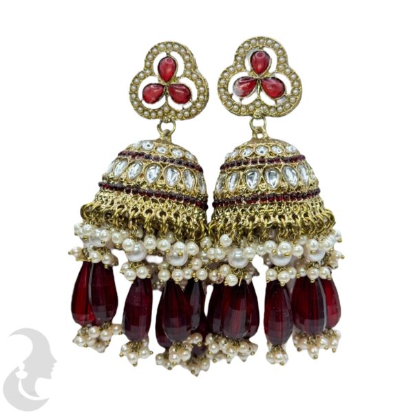 Kundan Big Jhumka- Dark Maroon Color Stone, Product Code: V-2308