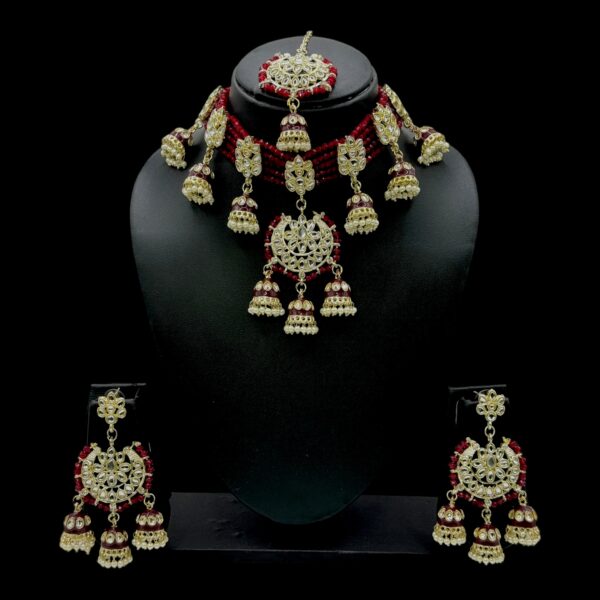 Kundan Choker Necklace- Maroon Color Stone- Hangings Earrings- With Maati, Product Code: V-2364