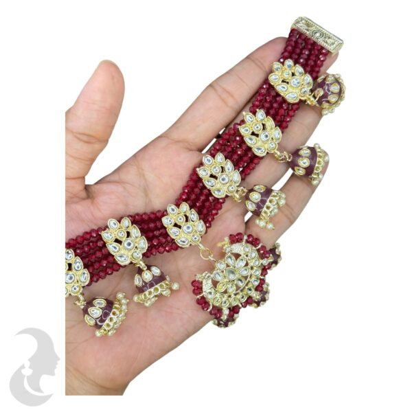 Kundan Choker Necklace- Maroon Color Stone- Hangings Earrings- With Maati, Product Code: V-2364 - Image 2