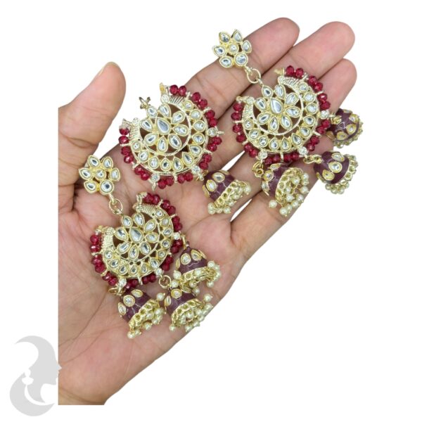 Kundan Choker Necklace- Maroon Color Stone- Hangings Earrings- With Maati, Product Code: V-2364 - Image 3