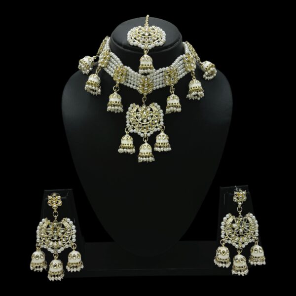 Kundan Choker Necklace- White Color Stone- Hangings Earrings- With Maati, Product Code: V-2365