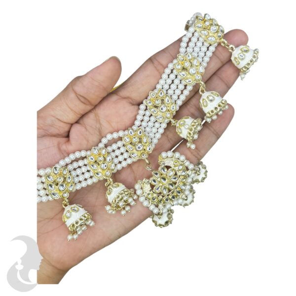 Kundan Choker Necklace- White Color Stone- Hangings Earrings- With Maati, Product Code: V-2365 - Image 2