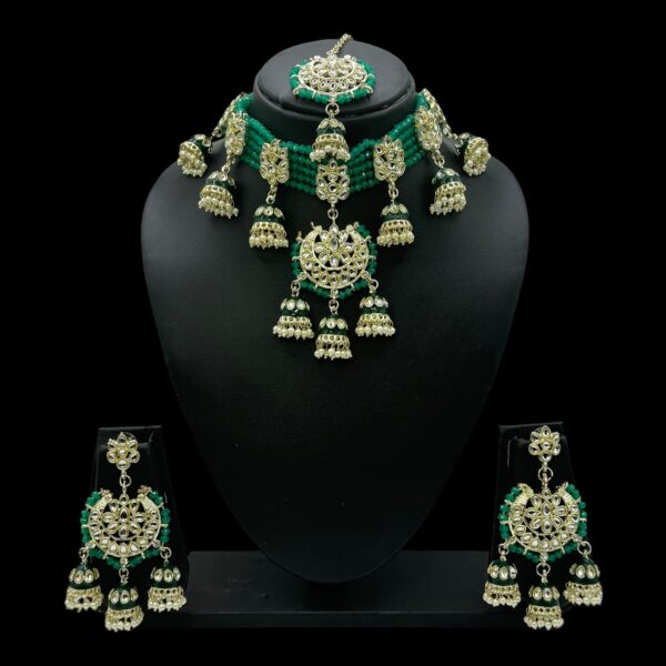 Kundan Choker Necklace- Green Color Stone- Hangings Earrings- With Maati, Product Code: V-2366