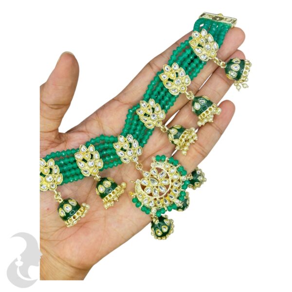 Kundan Choker Necklace- Green Color Stone- Hangings Earrings- With Maati, Product Code: V-2366 - Image 2