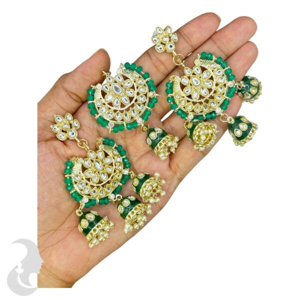 Kundan Choker Necklace- Green Color Stone- Hangings Earrings- With Maati, Product Code: V-2366 - Image 3