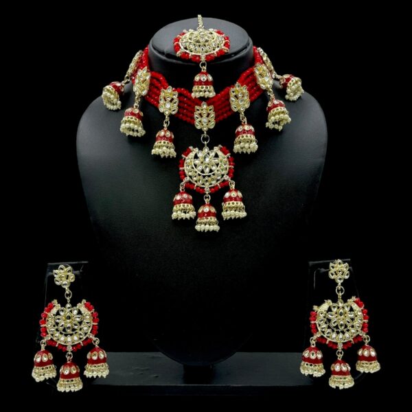 Kundan Choker Necklace- Red Color Stone- Hangings Earrings- With Maati, Product Code: V-2367