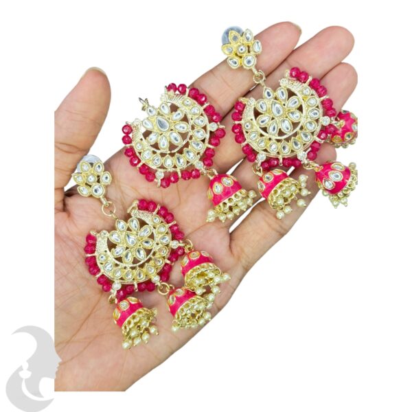 Kundan Choker Necklace- Red Color Stone- Hangings Earrings- With Maati, Product Code: V-2367 - Image 3