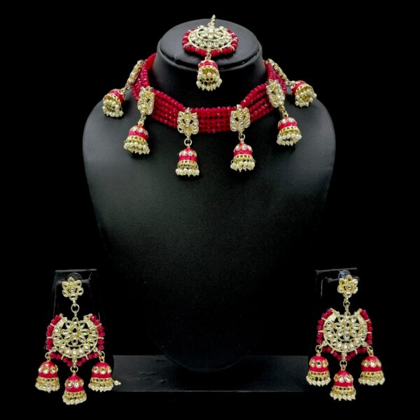 Kundan Choker Necklace- Dark Pink Color Stone- Hangings Earrings- With Maati, Product Code: V-2368