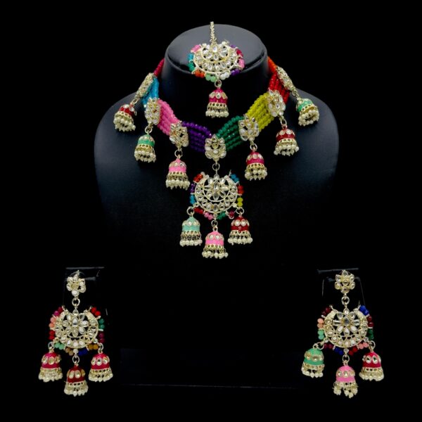 Kundan Choker Necklace- Multi Color Stone- Hangings Earrings- With Maati, Product Code: V-2369