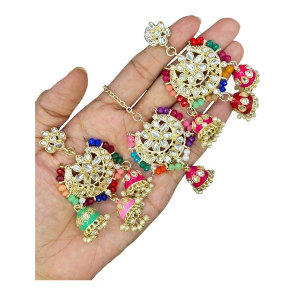 Kundan Choker Necklace- Multi Color Stone- Hangings Earrings- With Maati, Product Code: V-2369 - Image 3