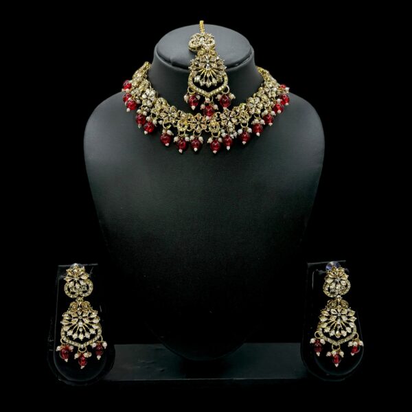 Mehandi Kundan Choker Necklace- Red Color Stone- Hangings Earrings- With Maati, Product Code: V-2370