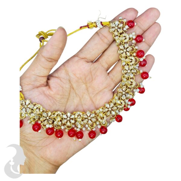 Mehandi Kundan Choker Necklace- Red Color Stone- Hangings Earrings- With Maati, Product Code: V-2370 - Image 2