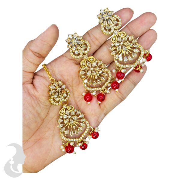 Mehandi Kundan Choker Necklace- Red Color Stone- Hangings Earrings- With Maati, Product Code: V-2370 - Image 3