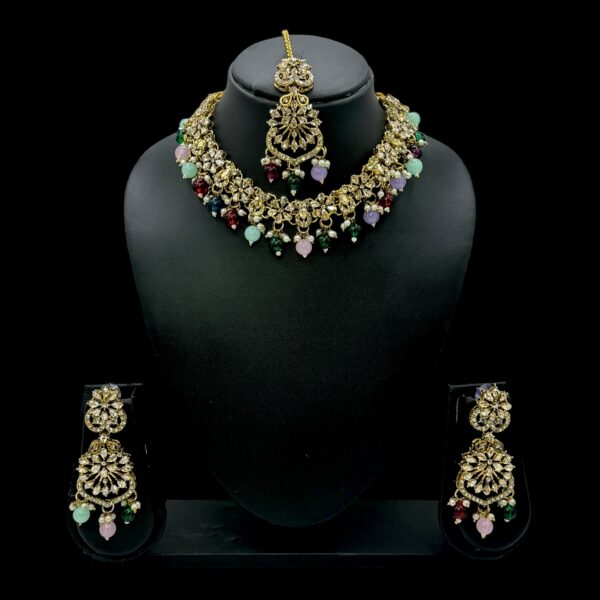 Mehandi Kundan Choker Necklace- Multi Color Stone- Hangings Earrings- With Maati, Product Code: V-2371