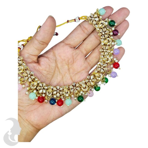 Mehandi Kundan Choker Necklace- Multi Color Stone- Hangings Earrings- With Maati, Product Code: V-2371 - Image 2