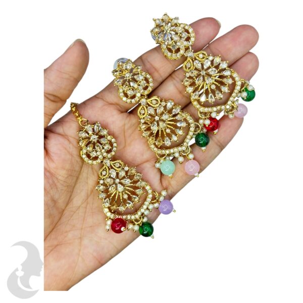 Mehandi Kundan Choker Necklace- Multi Color Stone- Hangings Earrings- With Maati, Product Code: V-2371 - Image 3