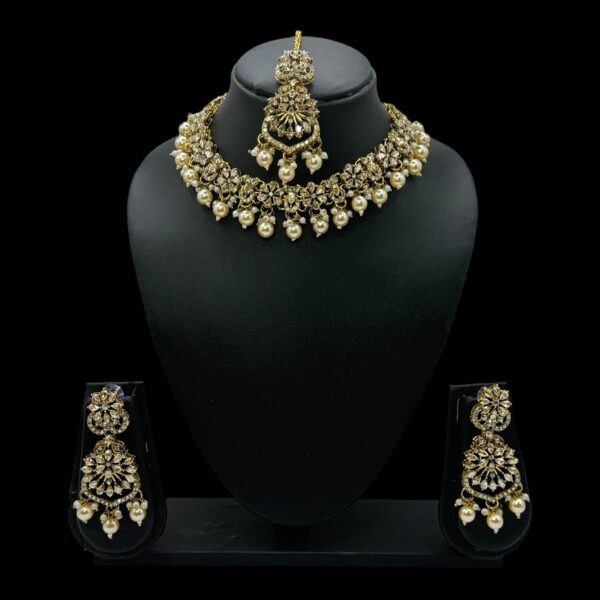 Mehandi Kundan Choker Necklace- Gold Color Stone- Hangings Earrings- With Maati, Product Code: V-2372