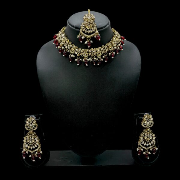 Mehandi Kundan Choker Necklace- Maroon Color Stone- Hangings Earrings- With Maati, Product Code: V-2373