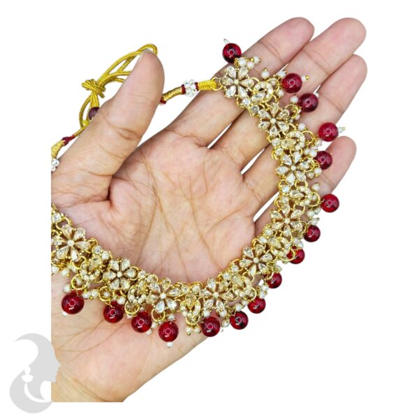 Mehandi Kundan Choker Necklace- Maroon Color Stone- Hangings Earrings- With Maati, Product Code: V-2373 - Image 2