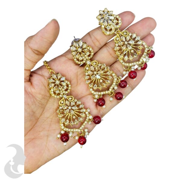 Mehandi Kundan Choker Necklace- Maroon Color Stone- Hangings Earrings- With Maati, Product Code: V-2373 - Image 3