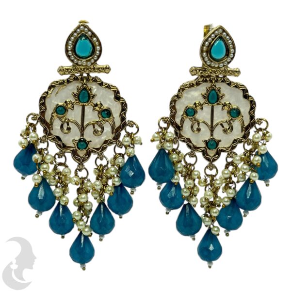 Kundan Hanging  Earring- Peacock Blue  Color Stone, Product Code: V-2383