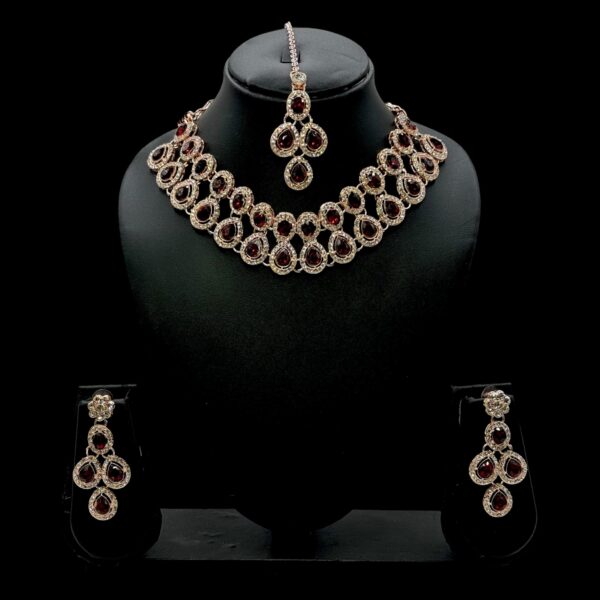 Zs Stone Necklace- Maroon Color Stone- Hangings Earrings- With Maati, Product Code: V-2387