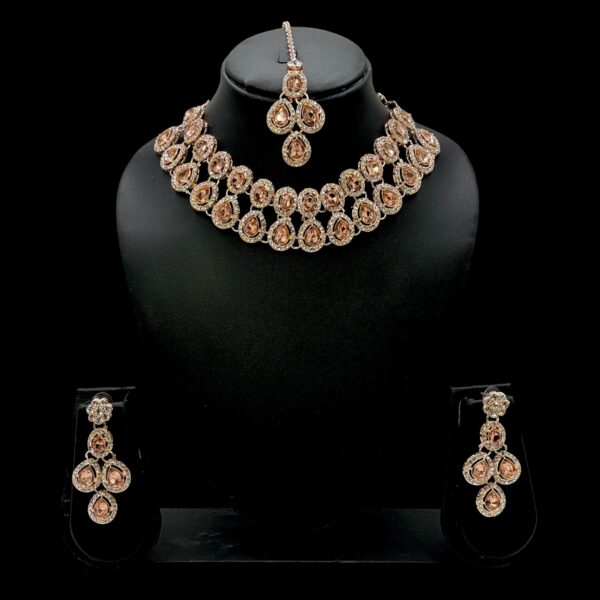 Zs Stone Necklace- Light Brown Color Stone- Hangings Earrings- With Maati, Product Code: V-2389