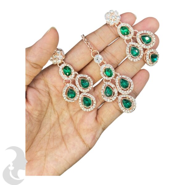 Zs Stone Necklace- Green Color Stone- Hangings Earrings- With Maati, Product Code: V-2390 - Image 3