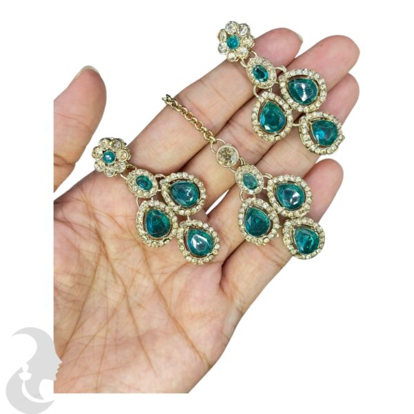 Zs Stone Necklace- Peacock Green Color Stone- Hangings Earrings- With Maati, Product Code: V-2391 - Image 3