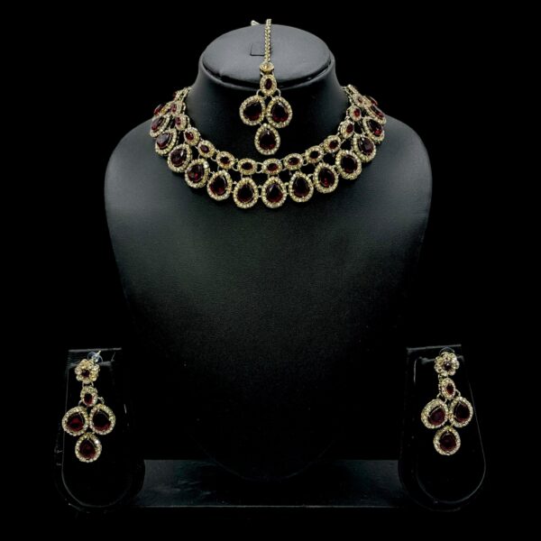 Zs Stone Necklace- Maroon Color Stone- Hangings Earrings- With Maati, Product Code: V-2392