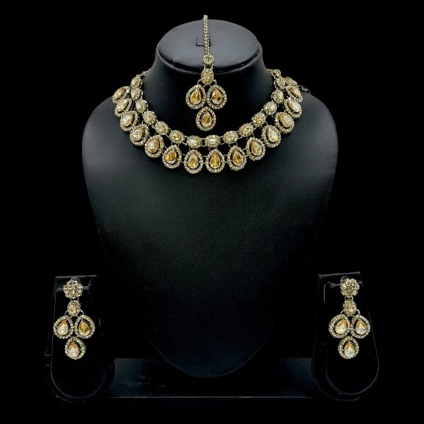 Zs Stone Necklace- Light Yellow Color Stone- Hangings Earrings- With Maati, Product Code: V-2393