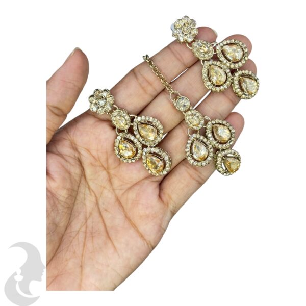 Zs Stone Necklace- Light Yellow Color Stone- Hangings Earrings- With Maati, Product Code: V-2393 - Image 3