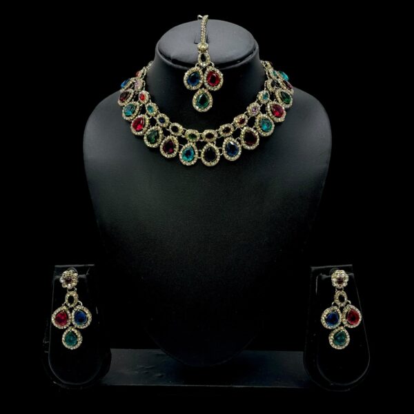 Zs Stone Necklace- Multi Color Stone- Hangings Earrings- With Maati, Product Code: V-2394