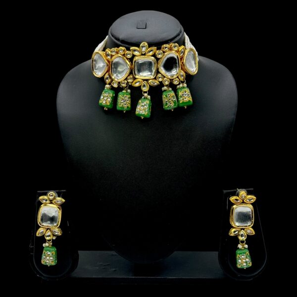 Kundan Meenakari Necklace- Beads Choker- Green Color- Hanging Earrings, Product Code: V-2396