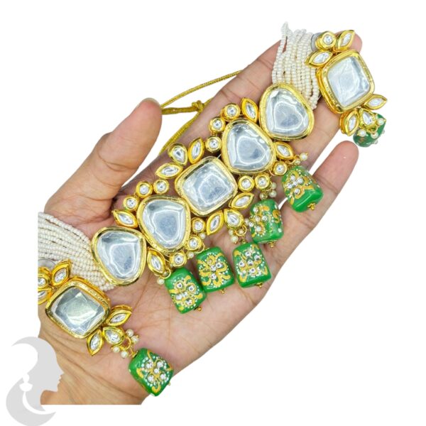 Kundan Meenakari Necklace- Beads Choker- Green Color- Hanging Earrings, Product Code: V-2396 - Image 2