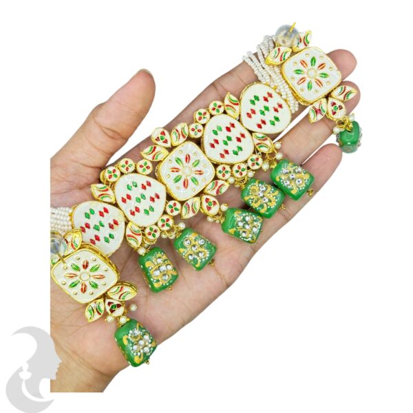 Kundan Meenakari Necklace- Beads Choker- Green Color- Hanging Earrings, Product Code: V-2396 - Image 3