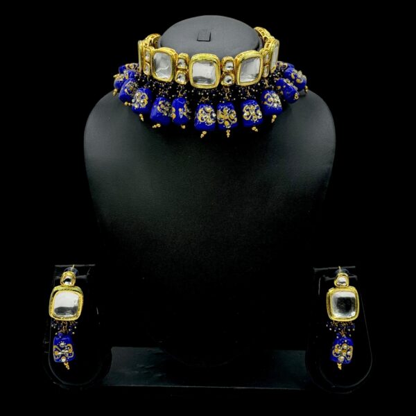 Kundan Meenakari Necklace- Choker- Blue Color- Hanging Earrings, Product Code: V-2397