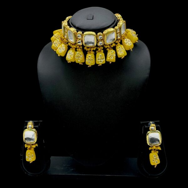 Kundan Meenakari Necklace- Choker-  Yellow Color- Hanging Earrings, Product Code: V-2398