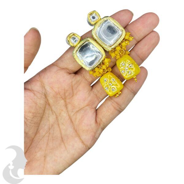 Kundan Meenakari Necklace- Choker-  Yellow Color- Hanging Earrings, Product Code: V-2398 - Image 3