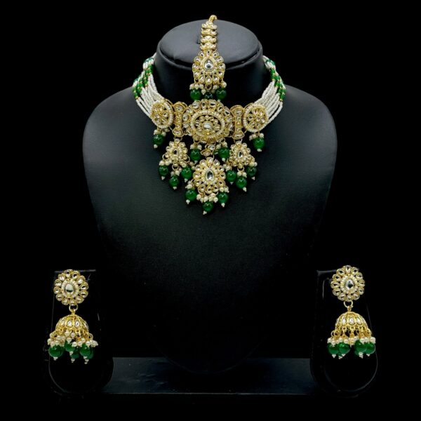 Kundan Choker Beads Necklace-  Green Stone Color- Jhumka- With Maati, Product Code: V-2399