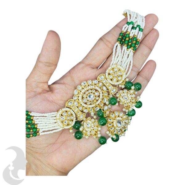 Kundan Choker Beads Necklace-  Green Stone Color- Jhumka- With Maati, Product Code: V-2399 - Image 2