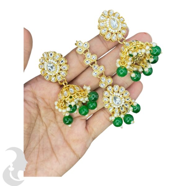 Kundan Choker Beads Necklace-  Green Stone Color- Jhumka- With Maati, Product Code: V-2399 - Image 3