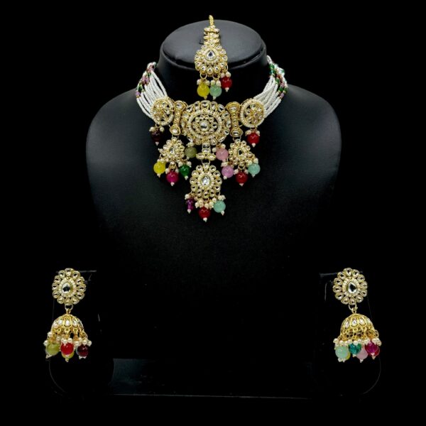 Kundan Choker Beads Necklace-  Multi Stone Color- Jhumka- With Maati, Product Code: V-2400