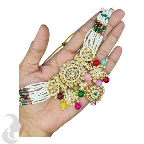 Kundan Choker Beads Necklace-  Multi Stone Color- Jhumka- With Maati, Product Code: V-2400 - Image 2