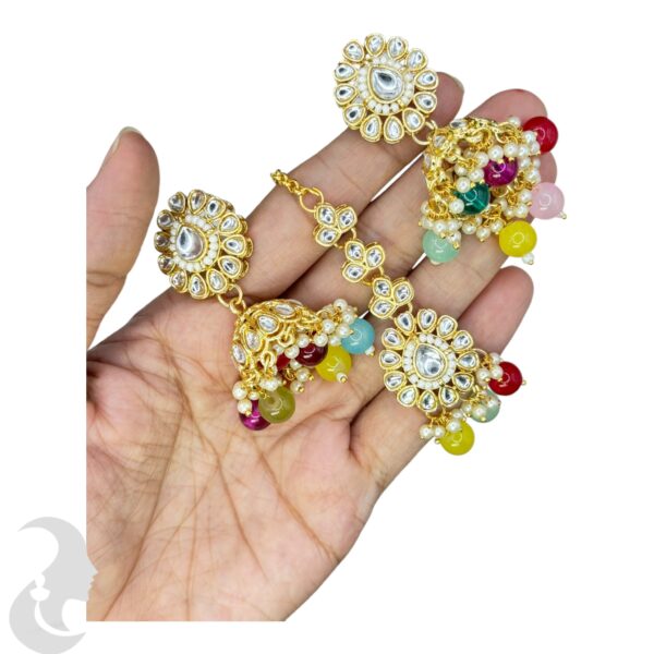 Kundan Choker Beads Necklace-  Multi Stone Color- Jhumka- With Maati, Product Code: V-2400 - Image 3