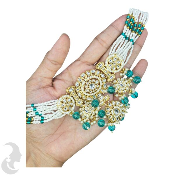 Kundan Choker Beads Necklace-  Blue Stone Color- Jhumka- With Maati, Product Code: V-2401 - Image 2