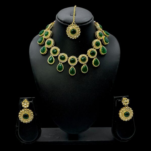 Colored Kundan  Necklace-  Green Stone Color- Hanging Earring- With Maati, Product Code: V-2403