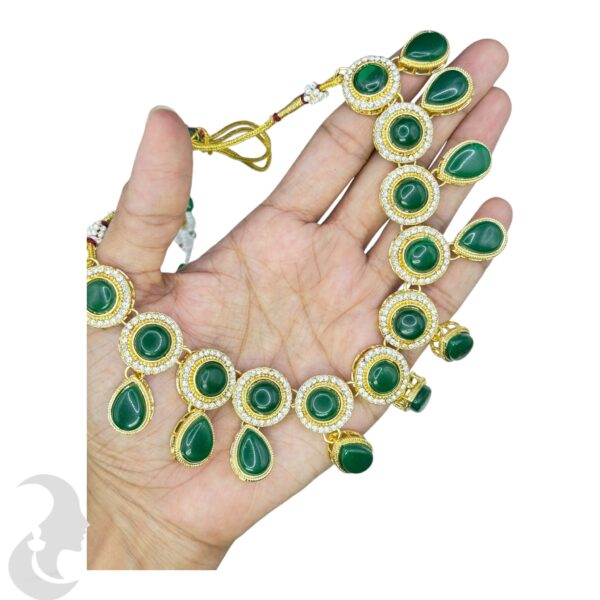 Colored Kundan  Necklace-  Green Stone Color- Hanging Earring- With Maati, Product Code: V-2403 - Image 2