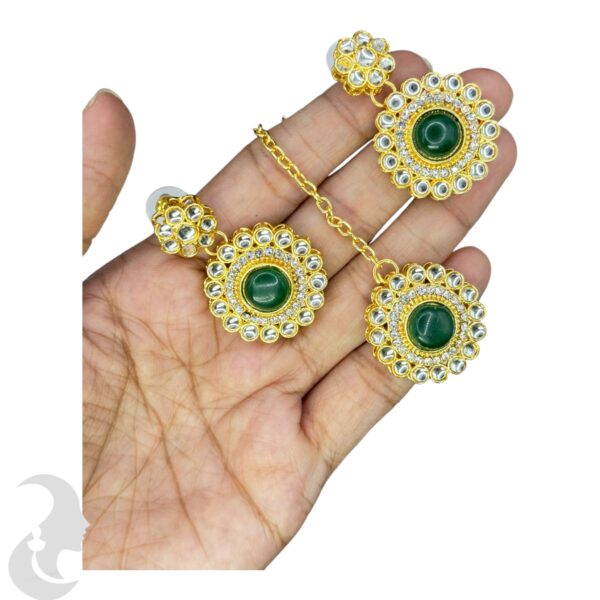 Colored Kundan  Necklace-  Green Stone Color- Hanging Earring- With Maati, Product Code: V-2403 - Image 3