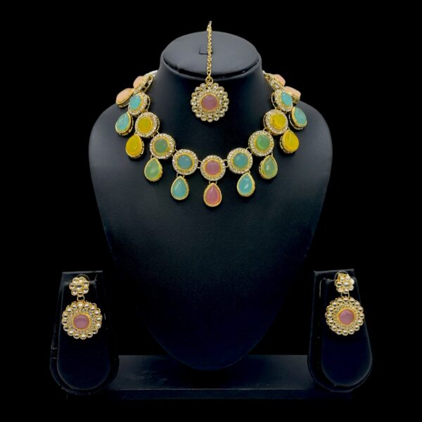 Colored Kundan  Necklace-  Multi Stone Color- Hanging Earring- With Maati, Product Code: V-2404